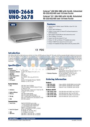 UNO-2668 datasheet - Celeron^ 400 MHz UNO with 3xLAN, 8xIsolated RS-232/422/485 and 1U Form Factor