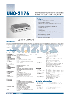 UNO-2176-P11BE datasheet - Intel^ Pentium^ M/Celeron^ M Fanless Box PC with 2 x LAN, 6 x COM, 8 x DI, 8 x DO