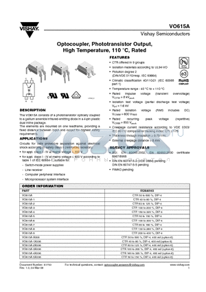 VO615A-5X007 datasheet - Optocoupler, Phototransistor Output, High Temperature, 110 `C, Rated