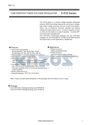 S-818 datasheet - LOW DROPOUT CMOS VOLTAGE REGULATOR