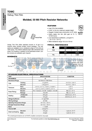 TOMC16011002ZT3 datasheet - Molded, 50 Mil Pitch Resistor Networks