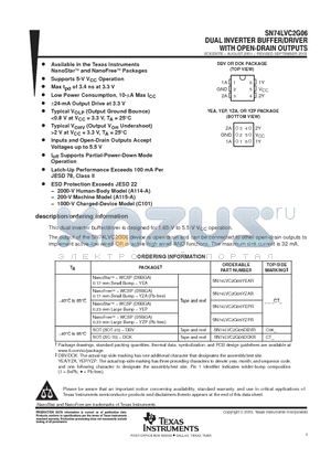 SN74LVC2G06YZAR datasheet - DUAL INVERTER BUFFER/DRIVER WITH OPEN DRAIN OUTPUTS