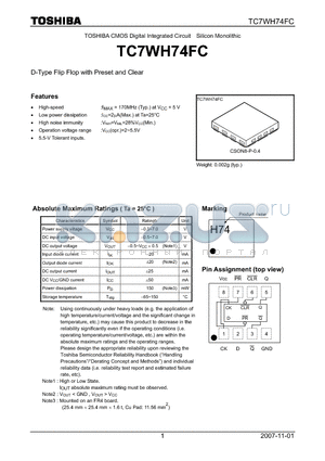 TC7WH74FC datasheet - CMOS Digital Integrated Circuit Silicon Monolithic D-Type Flip Flop with Preset and Clear