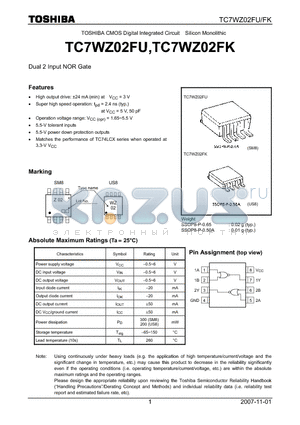 TC7WZ02FK datasheet - CMOS Digital Integrated Circuit Silicon Monolithic Dual 2 Input NOR Gate