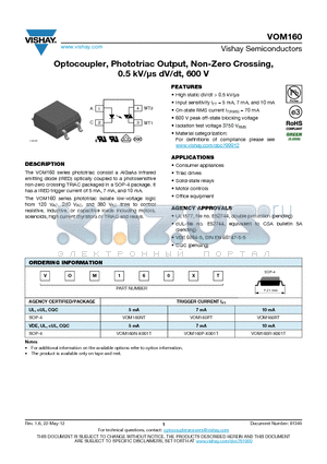 VOM160 datasheet - Optocoupler, Phototriac Output, Non-Zero Crossing, 0.5 kV/ls dV/dt, 600 V