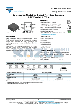 VOM3053 datasheet - Optocoupler, Phototriac Output, Non-Zero Crossing, 1.5 kV/ls dV/dt, 600 V
