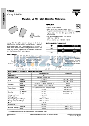 TOMC16011003ZTF datasheet - Molded, 50 Mil Pitch Resistor Networks