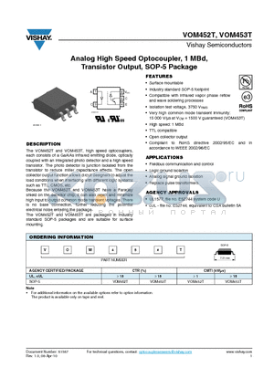 VOM453T datasheet - Analog High Speed Optocoupler, 1 MBd, Transistor Output, SOP-5 Package