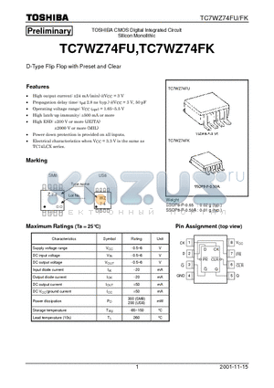 TC7WZ74FU datasheet - D-Type Flip Flop with Preset and Clear