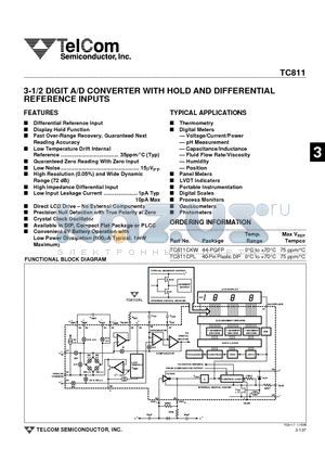 TC811 datasheet - 3-1/2 DIGIT A/D CONVERTER WITH HOLD AND DIFFERENTIAL REFERENCE INPUTS