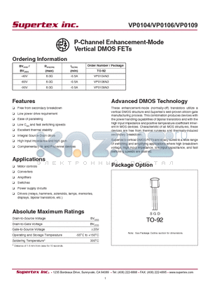 VP0104N3 datasheet - P-Channel Enhancement-Mode Vertical DMOS FETs