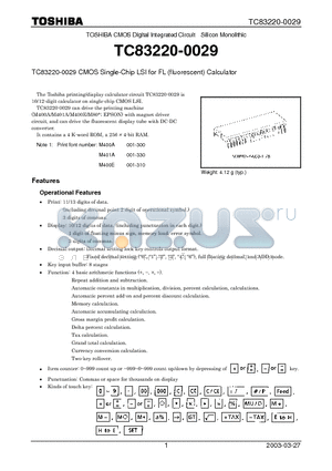 TC83220-0029 datasheet - TC83220-0029 CMOS Single-Chip LSI for FL (fluorescent) Calculator