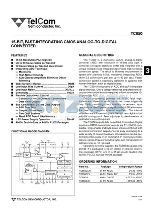 TC850ILW datasheet - 15-BIT, FAST-INTEGRATING CMOS ANALOG-TO-DIGITAL CONVERTER