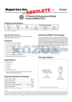 VP0350N1 datasheet - P-Channel Enhancement-Mode Vertical DMOS FETs