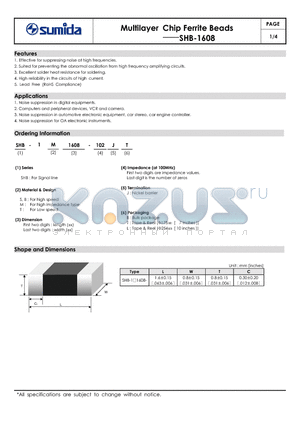 SHB-1M1608-801 datasheet - Multilayer Chip Ferrite Beads