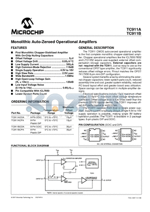 TC911A datasheet - Monolithic Auto-Zeroed Operational Amplifers