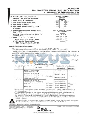 SN74LVC2G53YEAR datasheet - SINGLE POLE DOUBLE THROW ANALOG SWITCH OR 2:1 ANALOG MULTIPLEXR/DEMULTIPLEXER