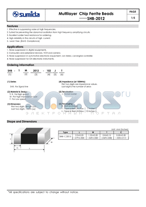 SHB-1S2012-8R0 datasheet - Multilayer Chip Ferrite Beads