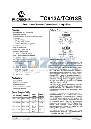 TC913ACPA datasheet - Dual Auto-Zeroed Operational Amplifiers