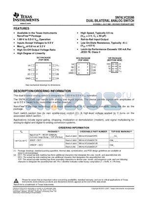 SN74LVC2G66DCTRE4 datasheet - DUAL BILATERAL ANALOG SWITCH