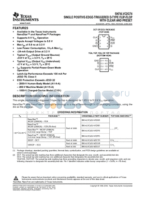 SN74LVC2G74DCTR datasheet - SINGLE POSITIVE-EDGE-TRIGGERED D-TYPE FLIP-FLOP WITH CLEAR AND PRESET