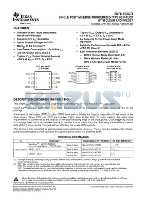 SN74LVC2G74DCUR datasheet - SINGLE POSITIVE-EDGE-TRIGGERED D-TYPE FLIP-FLOP WITH CLEAR AND PRESET