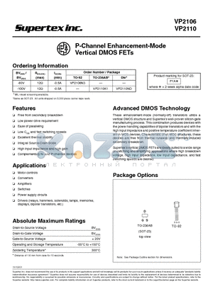 VP2106N3 datasheet - P-Channel Enhancement-Mode Vertical DMOS FETs