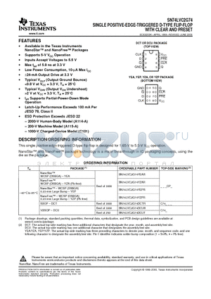 SN74LVC2G74YEPR datasheet - SINGLE POSITIVE-EDGE-TRIGGERED D-TYPE FLIP-FLOP WITH CLEAR AND PRESET