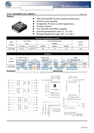 VP2109B datasheet - 10/100 BASE-TX VOICE OVER IP MAGNETICS