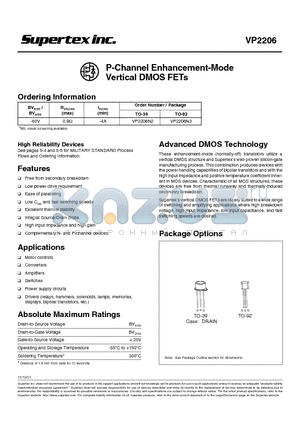 VP2206N3 datasheet - P-Channel Enhancement-Mode Vertical DMOS FETs