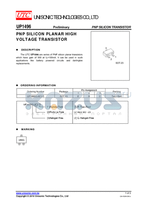 UP1496G-AE3-R datasheet - PNP SILICON PLANAR HIGH VOLTAGE TRANSISTOR
