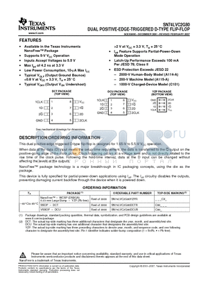 SN74LVC2G80YZPR datasheet - DUAL POSITIVE-EDGE-TRIGGERED D-TYPE FLIP-FLOP