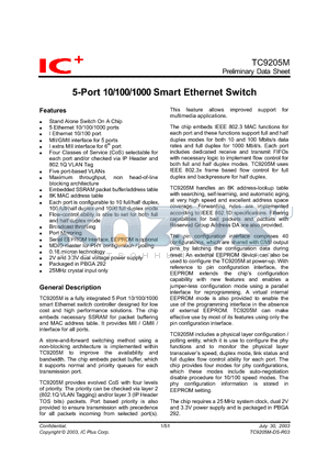 TC9205M-DS-R02 datasheet - 5-Port 10/100/1000 Smart Ethernet Switch