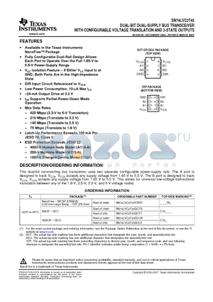 SN74LVC2T45DCTRG4 datasheet - DUAL-BIT DUAL-SUPPLY BUS TRANSCEIVER WITH CONFIGURABLE VOLTAGE TRANSLATION AND 3-STATE OUTPUTS