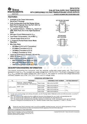 SN74LVC2T45DCTT datasheet - DUAL-BIT DUAL-SUPPLY BUS TRANSCEIVER WITH CONFIGURABLE VOLTAGE TRANSLATION AND 3-STATE OUTPUTS