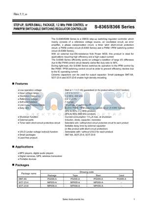 S-8366 datasheet - STEP-UP, SUPER-SMALL PACKAGE, 1.2 MHz PWM CONTROL or PWM/PFM SWITCHABLE SWITCHING REGULATOR CONTROLLER