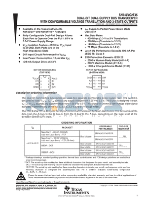 SN74LVC2T45DCUTE4 datasheet - DUAL BIT DUAL SUPPLY BUS TRANSCEIVER WITH CONFIGURABLE VOLTAGE TRANSLATION AND 3-STATE OUTPUTS