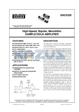 SHC5320KH datasheet - High-Speed, Bipolar, Monolithic SAMPLE/HOLD AMPLIFIER