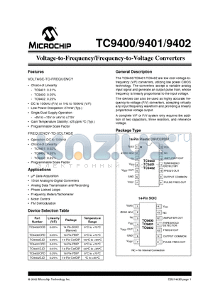 TC9400 datasheet - Voltage-to-Frequency/Frequency-to-Voltage Converters