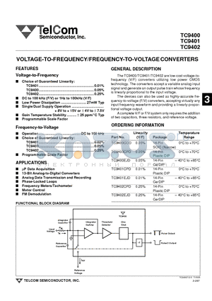 TC9400CPD datasheet - VOLTAGE-TO-FREQUENCY/FREQUENCY-TO-VOLTAGE CONVERTERS