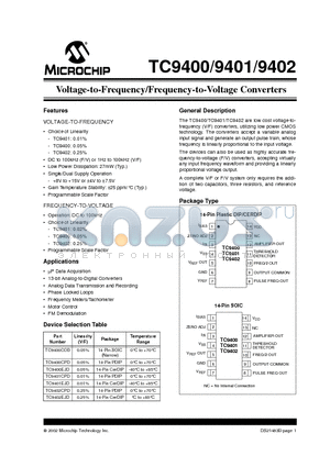 TC9400CPD datasheet - Voltage-to-Frequency/Frequency-to-Voltage Converters