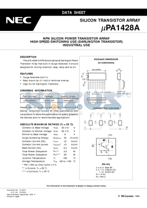 UPA1428A datasheet - NPN SILICON POWER TRANSISTOR ARRAY HIGH SPEED SWITCHING USE DARLINGTON TRANSISTOR INDUSTRIAL USE