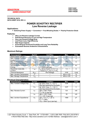 SHD114422A datasheet - POWER SCHOTTKY RECTIFIER LOW REVERSE LEAKAGE