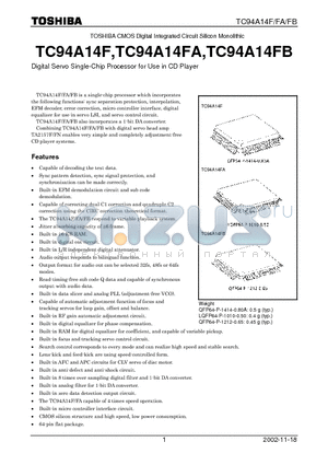 TC94A14FB datasheet - Digital Servo Single-Chip Processor for Use in CD Player