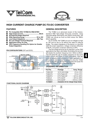 TC962 datasheet - HIGH CURRENT CHARGE PUMP DC-TO-DC CONVERTER