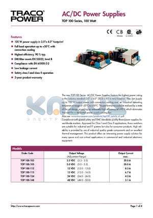 TOP100-124 datasheet - AC/DC Power Supplies