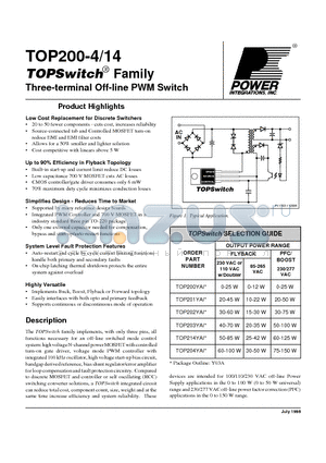 TOP200 datasheet - Three-terminal Off-line PWM Switch