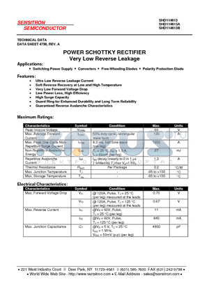 SHD114613 datasheet - POWER SCHOTTKY RECTIFIER Very Low Reverse Leakage