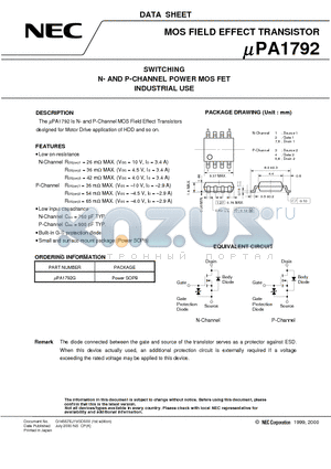 UPA1792 datasheet - SWITCHING N- AND P-CHANNEL POWER MOS FET INDUSTRIAL USE