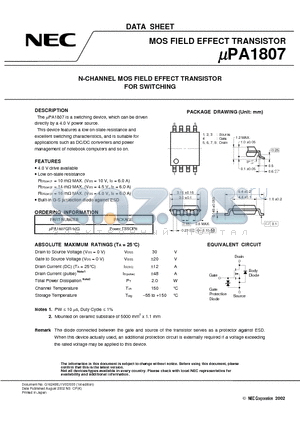 UPA1807 datasheet - N-CHANNEL MOS FIELD EFFECT TRANSISTOR FOR SWITCHING